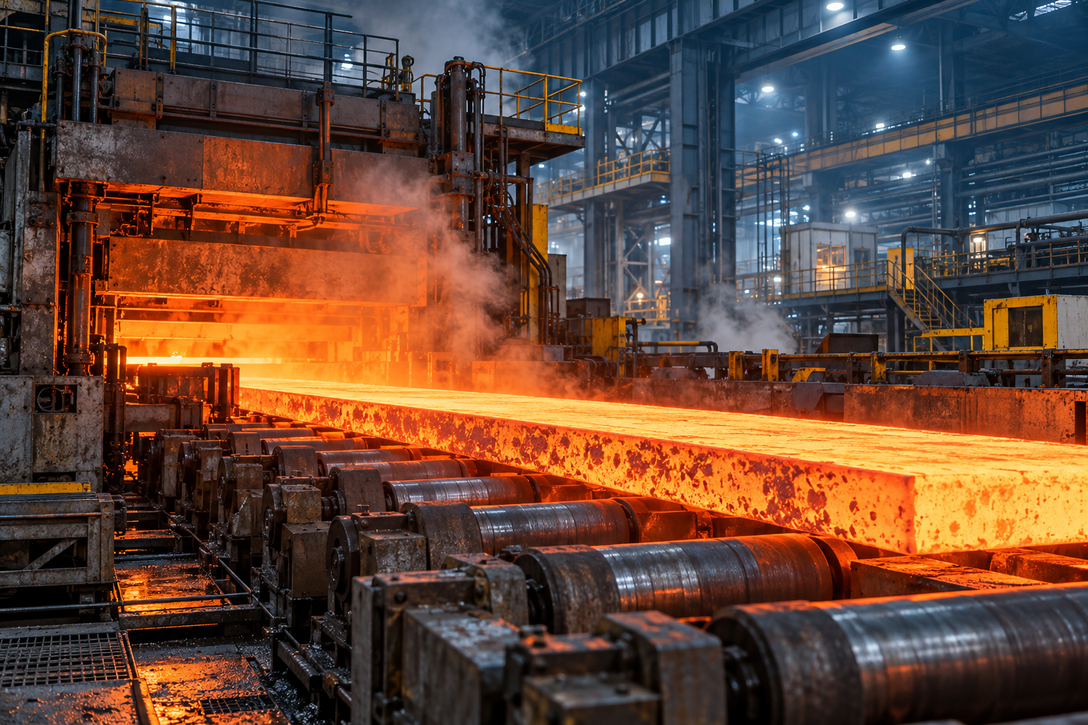 Illustrative hot rolling mill with glowing steel on production rollers